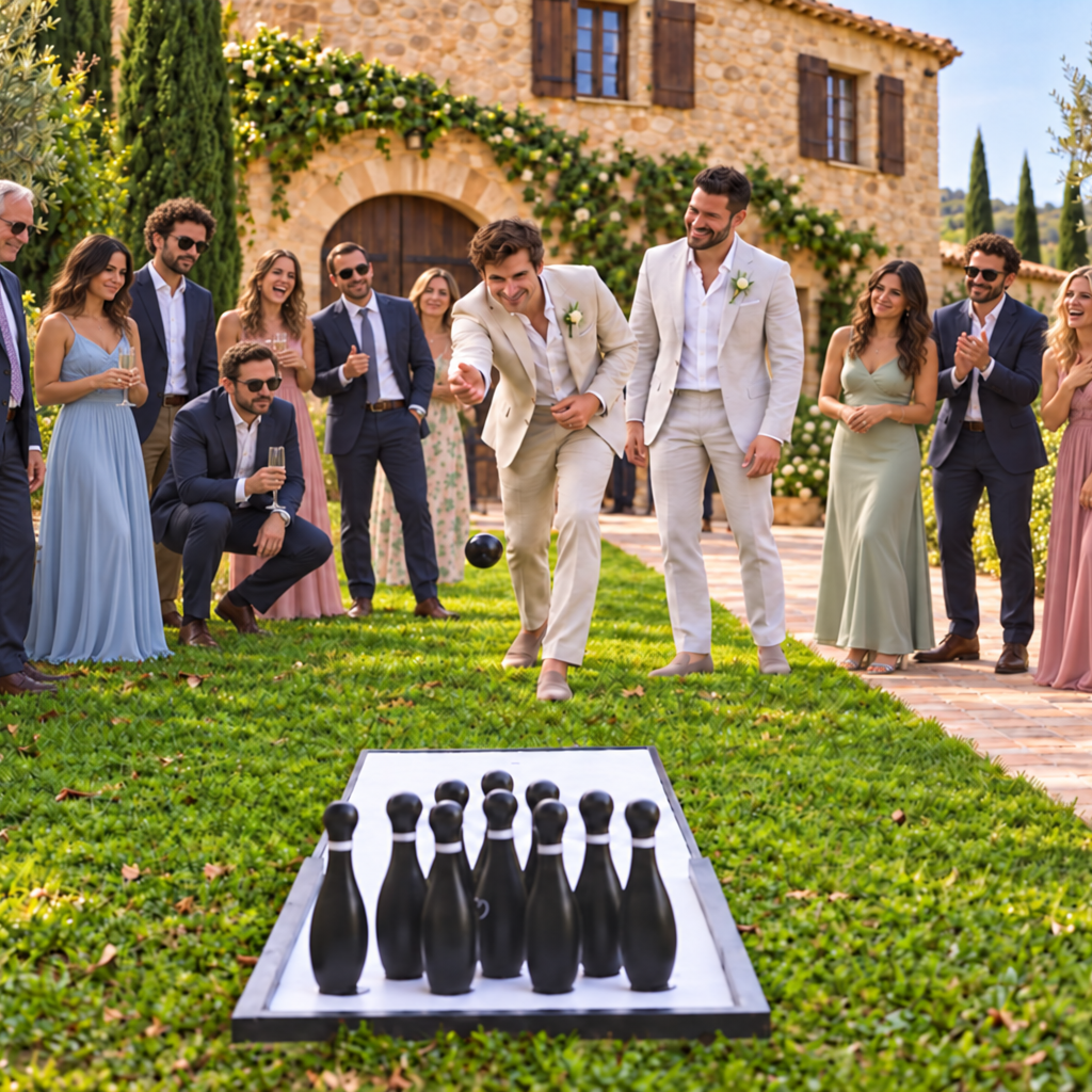 Celebrar vuestra historia · Imagen de inspiración creada con IA Dos novios jugando a los bolos con sus invitados ante una masía. Imagen de inspiración creada con IA.