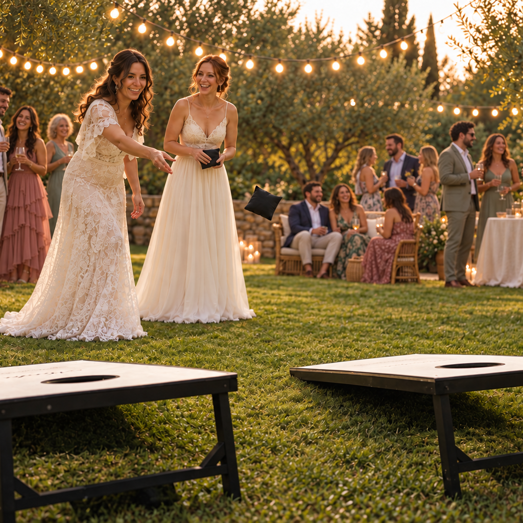 Dos novias disfrutando del cornhole con sus invitados al atardecer. Imagen de inspiración creada con IA.